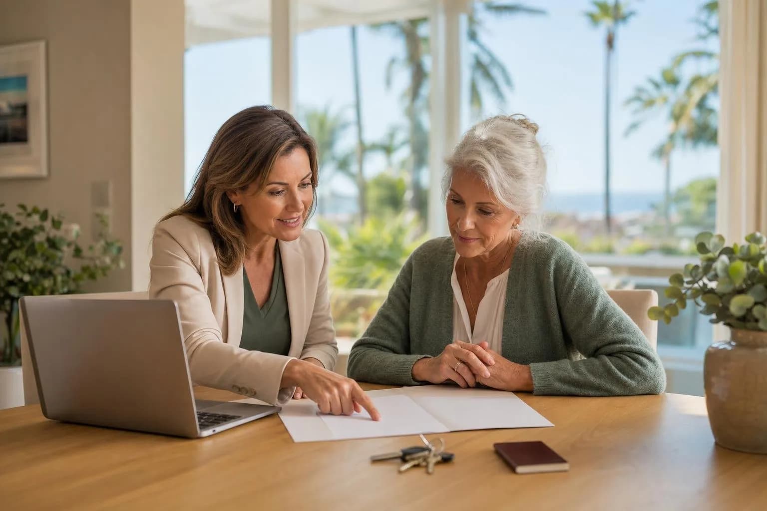 A real estate agent reviewing paperwork with an older homeowner at a dining table