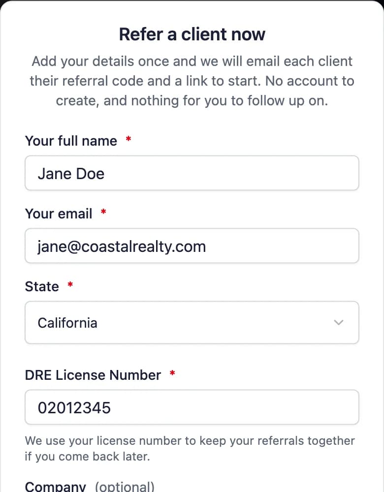 The top of the referral form: your name, email, state and DRE license number