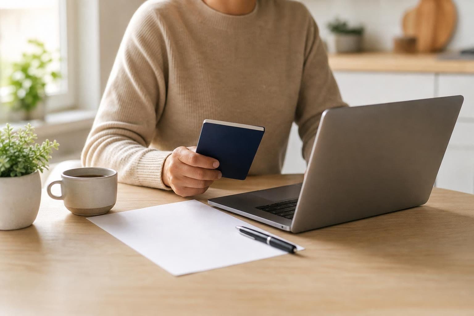 A person at a kitchen table holding a passport beside a laptop, a blank sheet of paper, and a pen