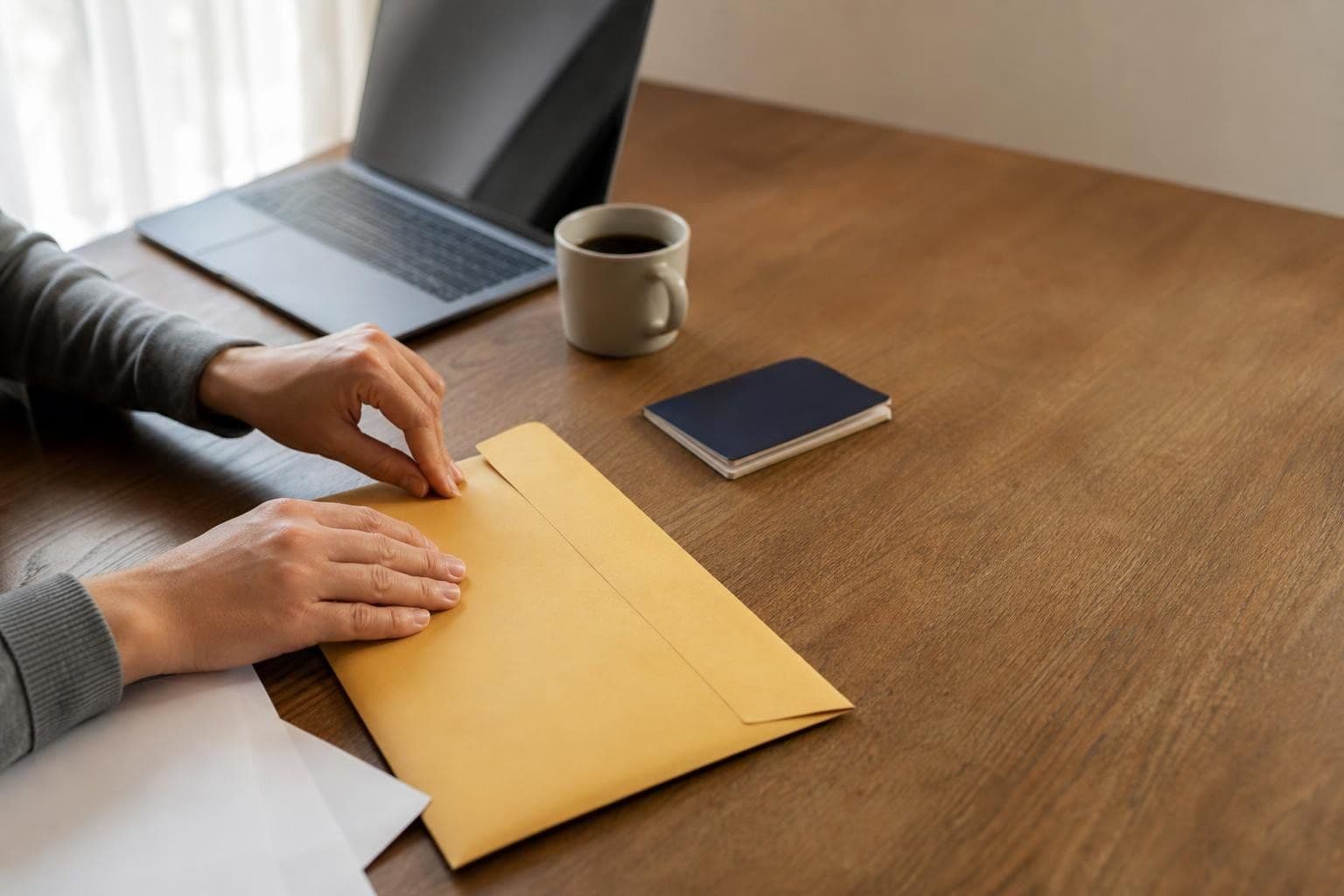 Hands sealing a manila envelope on a wooden desk beside a passport, a laptop, and a cup of coffee