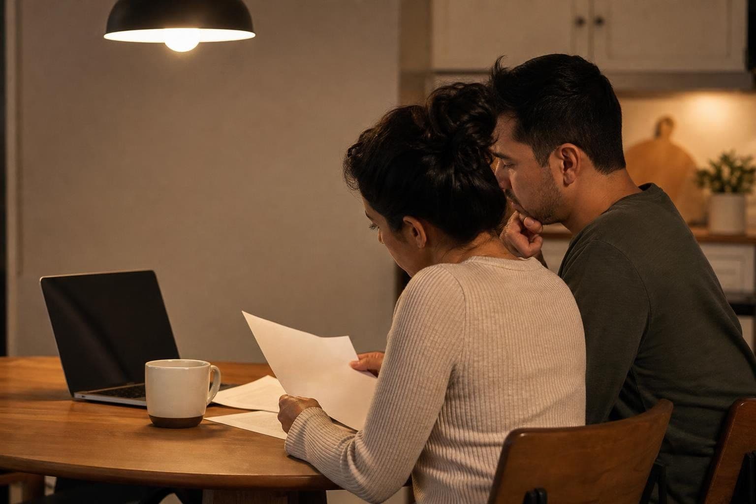 A couple reviewing paperwork at a kitchen table in the evening beside a laptop and a coffee mug