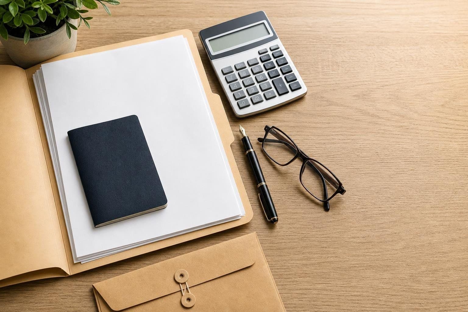 Top-down view of a tax desk with a folder of blank papers, a passport, a calculator, a pen, glasses, and an envelope