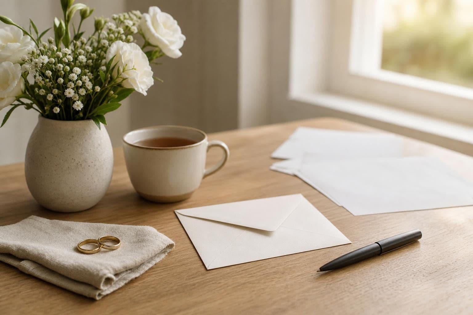Wedding rings on a linen napkin beside a blank envelope, a pen, tea, and white flowers on a sunlit table