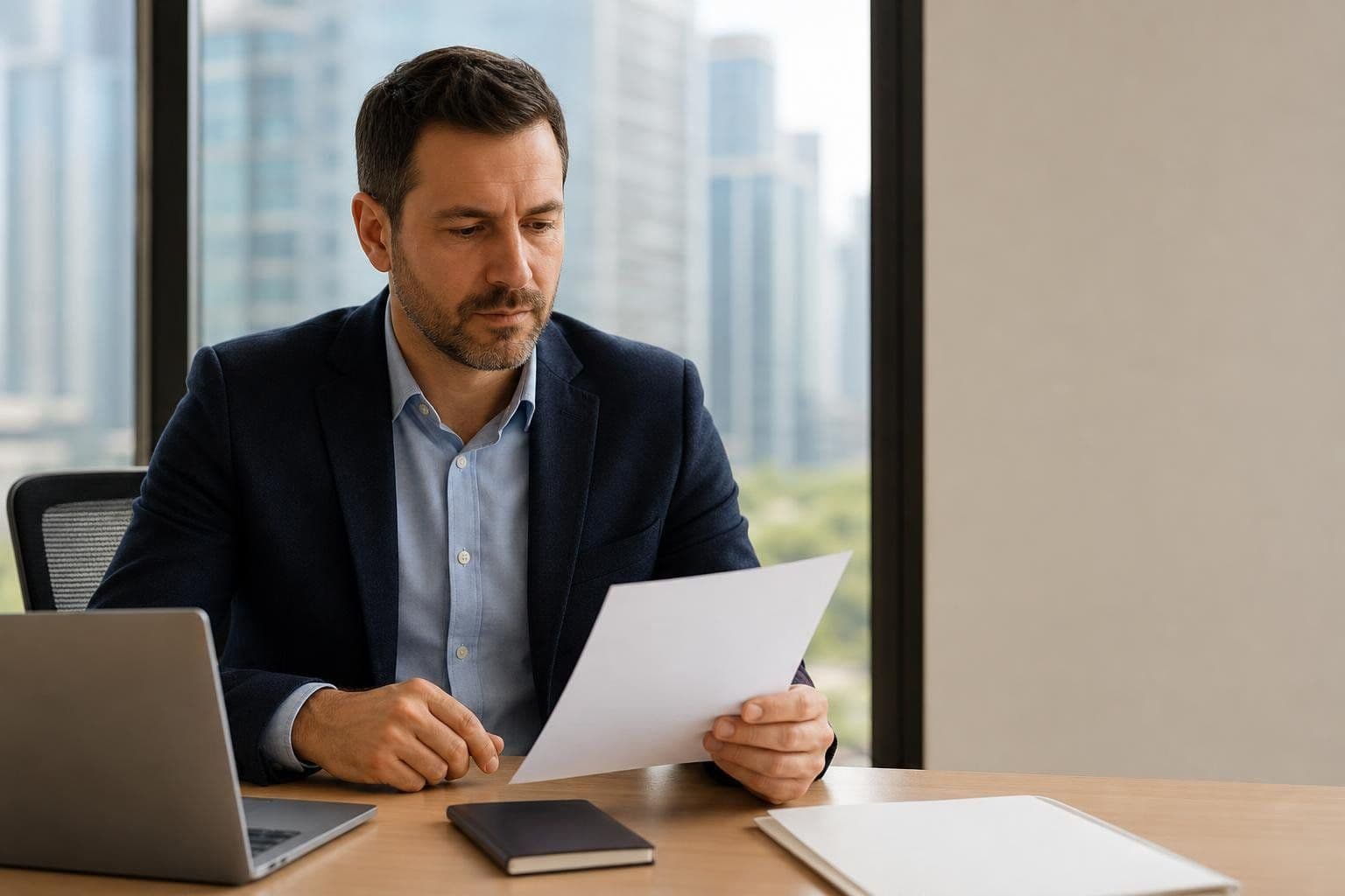 A man in a blazer at an office desk reading a blank letter beside a laptop and a small notebook