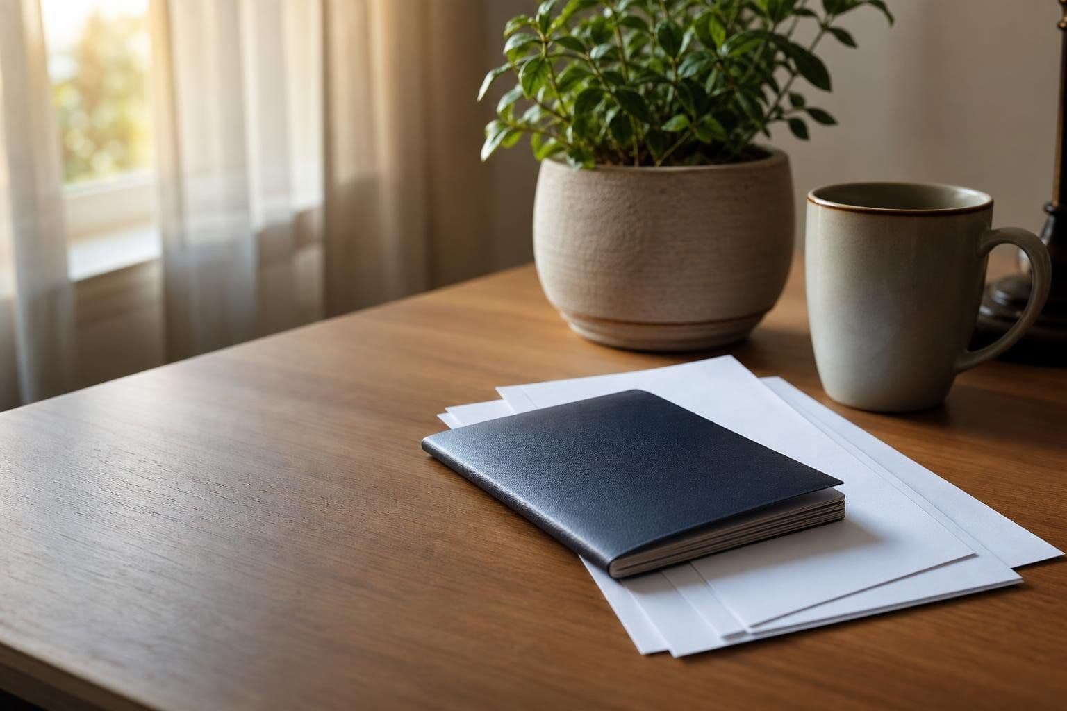 A dark passport resting on blank white envelopes on a wooden desk beside a plant and a mug