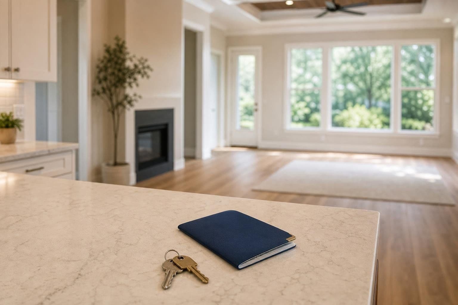 House keys and a closed passport on a kitchen counter in a bright, empty home