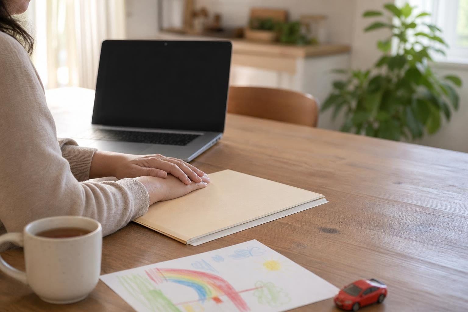 A parent at a kitchen table with hands on a folder beside a laptop, a mug, a child's rainbow drawing, and a toy car